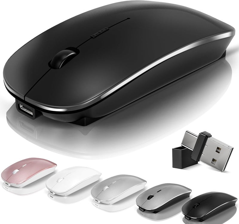 Kovess Mouse for Laptop Wireless Bluetooth - MacBook Air Mac Pro PC iPad Optical Rechargeable Silent Mouse with Jiggler Dual Mode Switch Bluetooth 5.2/3.0 and 2.4GHz USB-A and Type-C Receiver Black - Image 1